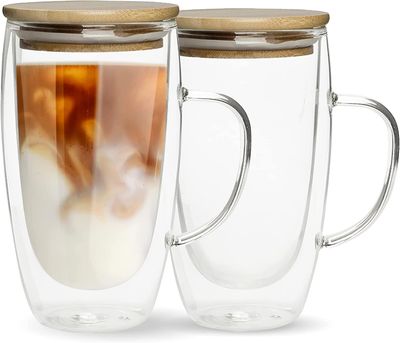 Kaksiseinäiset lasikahvimukit ainutlaatuiset eristetyt kahvimukit kahvalla ja bambukannella, kirkkaat lasikupit kahviteelle Latte Cappuccino Espresso
