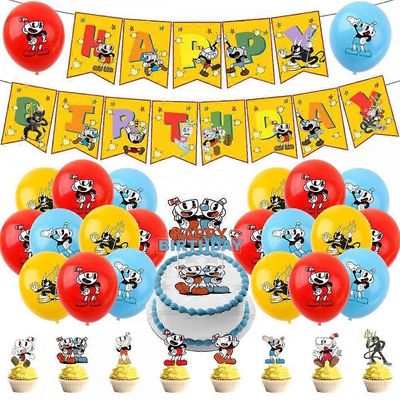 Cuphead-teema Juhlakoristeita ovat hyvää syntymäpäivää banneri, lateksi-ilmapallot, kakunpäällinen