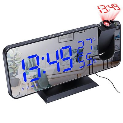 Homemiyn alarm klokke radio digital vekker klokke speil ledet display projeksjon vekkerklokke med fuktighet og temperatur oppdage svart og blå 18.3...