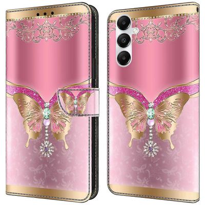 Samsung Galaxy A55 5G magneettikotelo 3D-kuvioitu tulostuskortin pidike Puhelimen kansi Vaaleanpunainen kultainen perhonen