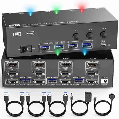 4K@144Hz -Yhteensopiva KVM Switch 3 näytöt 3 tietokonetta, 2 Displayport KVM Swticher, 8K@30Hz, 4 US Musta