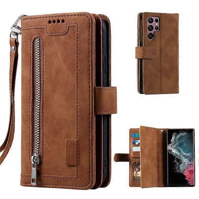 Yhteensopiva Samsung Galaxy S23 Ultra Zipper Pocket 9 korttipaikan muotoilu PU-nahkainen lompakon kansi taitettava jalusta puhelin pudotussuojattu ...