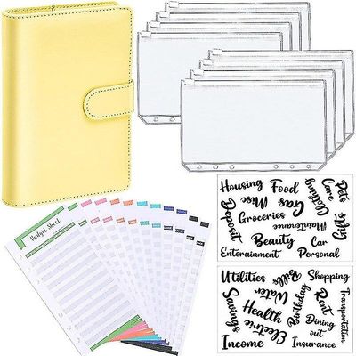 A6 Binder Budget Planner Notebook Dækker Mappe Størrelse 6 hul lommer Plast Lynlås Penge Saving Envelope Gul