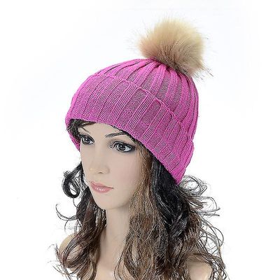 Varychmoo Kvinders strikkede Hue Faux Fur Pom Hatte Hæklet Bobble Vintervarmer Ski Caps Rose rød