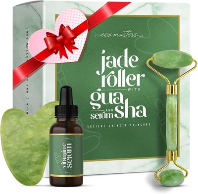 Eco Masters Jade Roller og Gua Sha sett med vitamin C serum - 100% naturlig og autentisk - Body &; Face Massøren Roller for Eye Puffiness