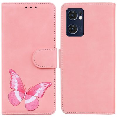Etui til Oppo Reno 7 5g Butterfly Cover Premium Læder Magnetisk- Pink