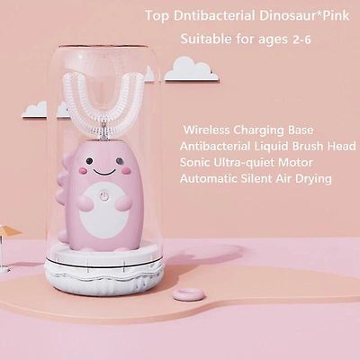 Mikasa Automatisk oral rengøring Børns Electric Tandbørste Børneudstyr Usb Opladning Sonic Cute Dinosaur U-formet TandPleje Pink opgradering 2-6 ye...