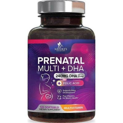 Nature's Nutrition synnytystä edeltävät monivitamiinit, joissa on foolihappoa, DHA:ta, D3-, B6-, B12-vitamiineja, rautaa ja omega 3, 120 pehmeää ka...