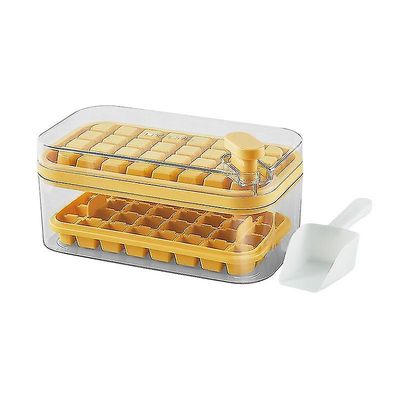 Tianzun En-knapps trykk Type Ice Mold Box, Kjøkken 64 Grid Ice Cube Maker, isbrett mold med oppbevaringsboks og lokk Gul