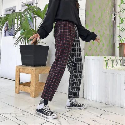 Fashion Vintage Plaid Patchwork Kvinde Man Bukser Bukser sorte sorte bukser L