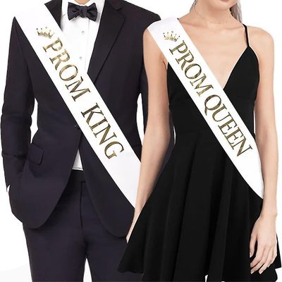 Katea "prom King" og "prom Queen" Sashes - Graduation Party School Party tilbehør, hvid med guldprint