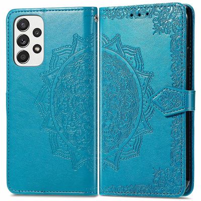 Mandala kohokuvioitu kansi Samsung Galaxy A53 5G: lle, jalusta käännettävä premium-lompakko puhelinkotelo hihnalla Sininen Style C Samsung Galaxy A...