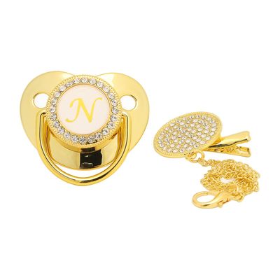 Favrison Golden Baby Sut Buet Design 26 bogstaver Sikre materialer Sund Bling Baby Sut med clips til 6 til 18 måneder Baby N