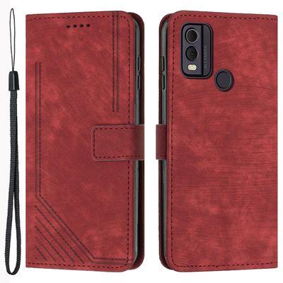 For Nokia C22 Pu Leather Flip Case Skin-touch Stand Påtrykt linjer Lommebok Anti-drop telefon deksel Rød