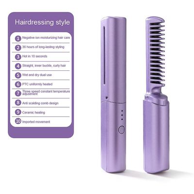 Mini Hair Straightener, Trådløs rettebørste, USB oppladbart hår rettetang, Travel bærbar elektrisk rettetang kam oppvarmet hårbørste Lilla frisør
