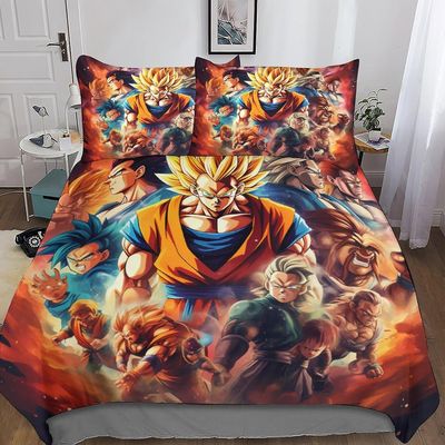 Dragon Ball Goku piilotettu vetoketjullinen pussilakanasetti - 3D-tulostus mikrokuituinen anime-vuodevaatteet, täydellinen 3-osainen setti tyynylii...