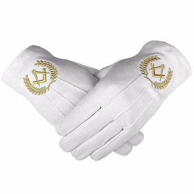Bricks Masons Masonic bomuldhandsker med maskine broderi firkantet kompas guld S