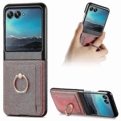 Motorola Razr 50 Ultra lompakkokotelo PU nahkainen iskunkestävä kotelo metallisella rengaskortin pidikkeellä Vaaleanpunainen For Moto Razr 50 Ultra