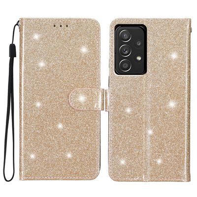 Samsung Galaxy A33 5g kimalteleva Pu-nahkakotelo Folio Flip lompakkoteline puhelimen kansi hihnalla Kultaa