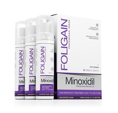 Foligain Minoxidil 2% hiusten kasvuvaahto naisille Kolme x 60 ml (2,0 fl oz) pulloa 3 kuukauden toimitus