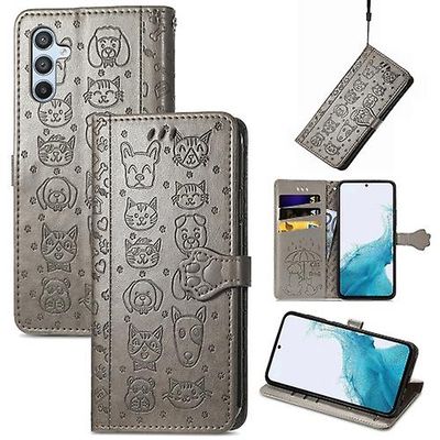 Mycase Samsung Galaxy A54 5g kissan ja koiran kohokuvioitu nahkainen puhelinkotelo Harmaa