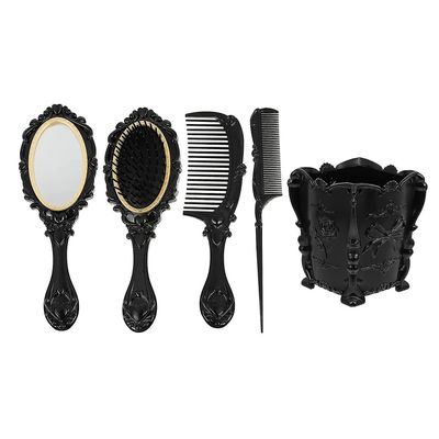 Vintage håndholdt spejlkam sæt, 5stk Vanity Makeup Spejl Hårbørster Kam sæt Sort