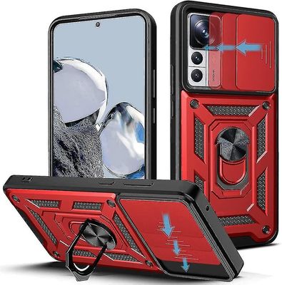 Panssari raskas kotelo yhteensopiva Xiaomi 12T / 12T Pro rengasjalustakameralla liukuva suoja Kansi-yyc Punainen