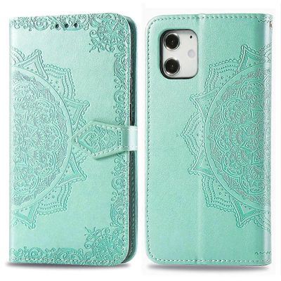 iPhone 12 mini Halfway Mandala Embossing Pattern Vaakasuora Flip Leather Case pidikkeellä ja korttipaikoilla sekä lompakko ja kaulanauha