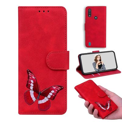 Etui til Motorola Moto E6i Butterfly Cover Premium Læder Magnetisk- Pink Rød