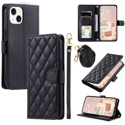 IPhone 15 nahkakotelo lompakko crossbody puhelimen kansi 2 hihnalla - musta
