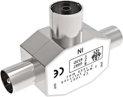 2-suuntainen jakaja TV-antennin koaksiaaliliitin, T / F-tyyppinen naaras-kaksoisurosjakaja, TV RF -koaksiaalisovitin hopea