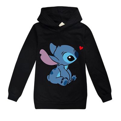 Kids Boys Girls Stitch Print Langermet hettegenser Casual Hooded Pullover Topper Svart 13-14 Years