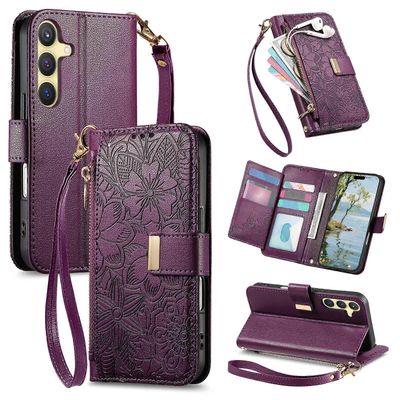 Flowers Leaves vetoketjullinen lompakko nahkainen puhelinkotelo hihnalla For Samsung Galaxy S23 Ultra 5G