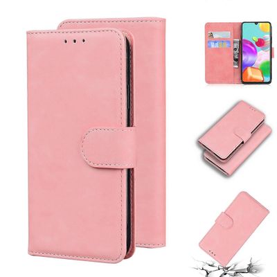 Samsung Galaxy A41 Skin Feel Pure Color Flip Leather -puhelinkotelo Vaaleanpunainen