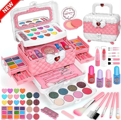 Børn Makeup Toy Kit Vaskbar Børn Makeup Beauty Toy med bærbar kosmetikboks Sort