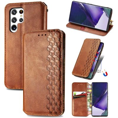 Kompatibel med Samsung Galaxy S22 Ultra Flip Case Etui Vintage Wallet Flip Cover med magnetisk lukning Coque - Blå brun