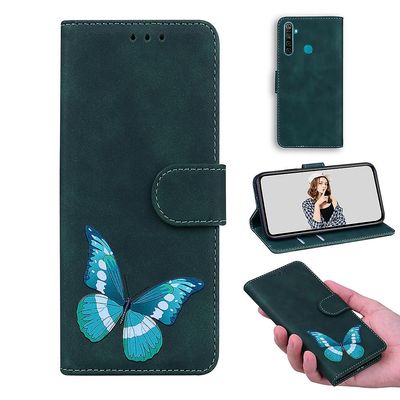 Etui til Realme 5 / 5s / 5i / 6i Butterfly Cover Premium Læder Magnetisk- Pink Grøn