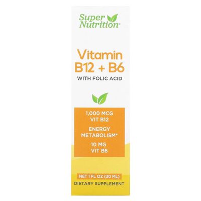 Super Nutrition, Vitamin B12 + B6 med folsyra, 1 fl oz (30 ml)