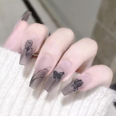 unbrand 24 stycken Press-on Falska Naglar Medellängd Bläck Rose Butterfly, Akryl Falska Naglar Full Täckning Med Nagellim, Nagelfil Och Manikyrpinne