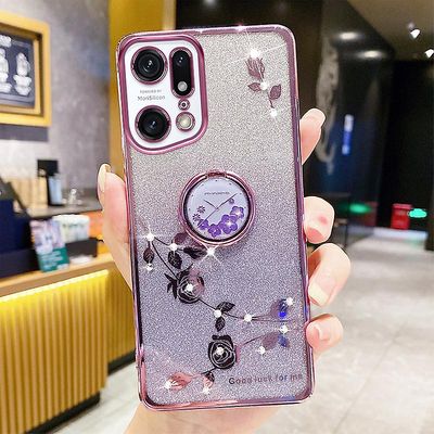 Gradient Glitter telefondeksel for Oppo Find X5 Pro 5G, Ring Kickstand Blomstermønster Rhinestone Dekor Myk TPU ripebestandig smarttelefonveske Rosa