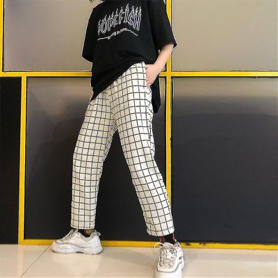 Fashion Vintage Plaid Patchwork Kvinde Man Bukser Bukser sort streg L