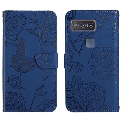 Asus-älypuhelimelle Snapdragon Insiders Skin Feel Butterfly Pioni kohokuvioitu nahkainen puhelinkotelo Sininen