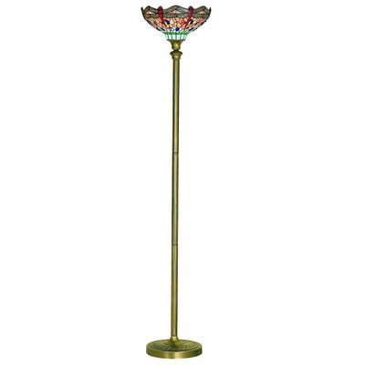 Searchlight Lighting Guldsmed 1 lys gulv lampe antikke messing, Tiffany Glas, Rød, Blå, E27