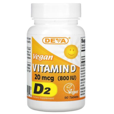 Deva, vegaaninen D-vitamiini, D2, 20 mcg (800 IU), 90 tablettia