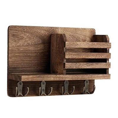 Entryway Mail Organizer med 4 Key kroker, rustikk tre postholder hylle med nøkkel kroker for veggen Tre farge