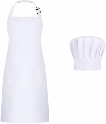 Förkläde Kock hatt set, justerbar haklapp förkläde Baker Kock hatt Kvinnor Män, Vit