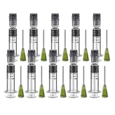 10 kpl Borosilikaattilasinen Luer Lock -ruisku 1 ml: n kapasiteetti uudelleenkäytettävät lasiruiskut, joissa on 14GA tylppä T