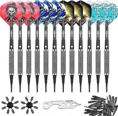 12g pehmeäkärkinen tikka 12pakkausta, joissa 4 väriä rasvaiset alumiinivarret + 100kärjet + työkalu + 16 lentoa + 16 suojaa, kevyt muovinen tikkasarja