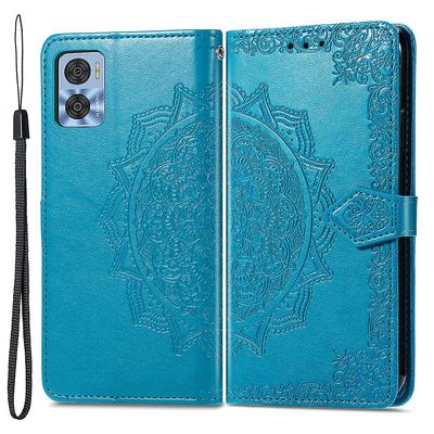 For Motorola Moto E22 4g / 22i 4g Pu Leather Flip beskyttende telefonveske preget Mandala mønster lommebokstativ magnetisk deksel med stropp Blå