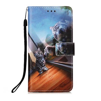 Foxdock Kompatibel med Samsung Galaxy S22 Plus Case Læder Flip Tegnebog cover med kort slotholder kickstand mønster - Spejl kat